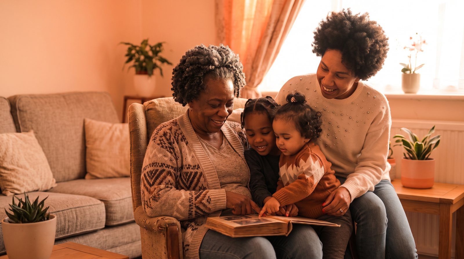 A grandmother, mother and two young children sharing a photo album on the living-room couch