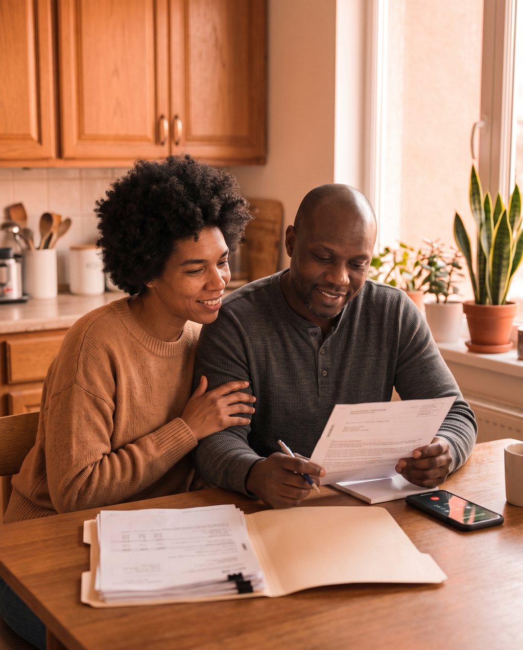 A couple calmly reading a tax notice together at their kitchen table