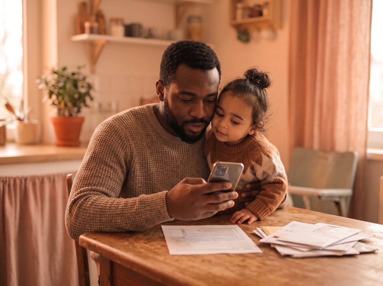 A father photographing a tax form with his phone to upload it, his daughter beside him