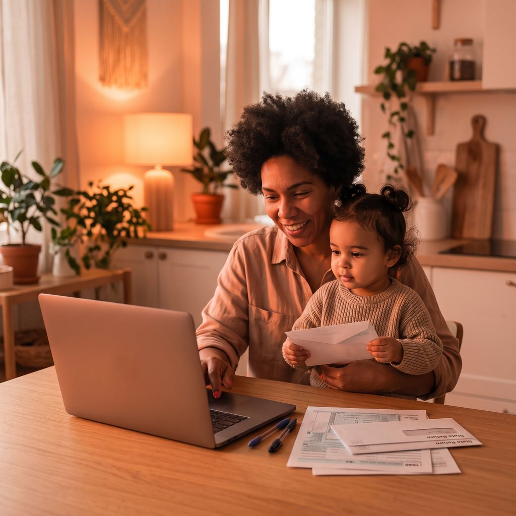 A mother filing her taxes on a laptop at the kitchen table with her toddler on her lap