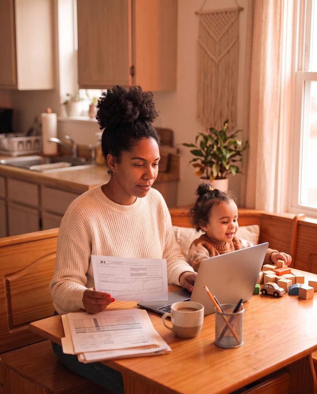 A mother holding a W-2 form while preparing her return on a laptop at home