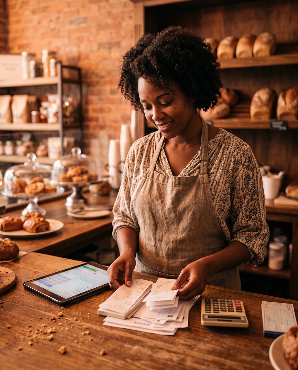 A bakery owner sorting business receipts beside a tablet and calculator after closing