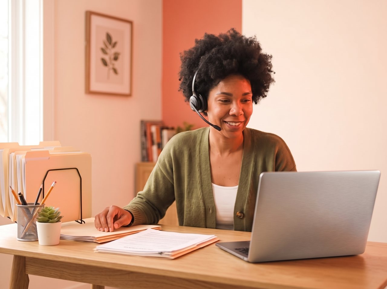 A tax professional on a video call at her desk with client files