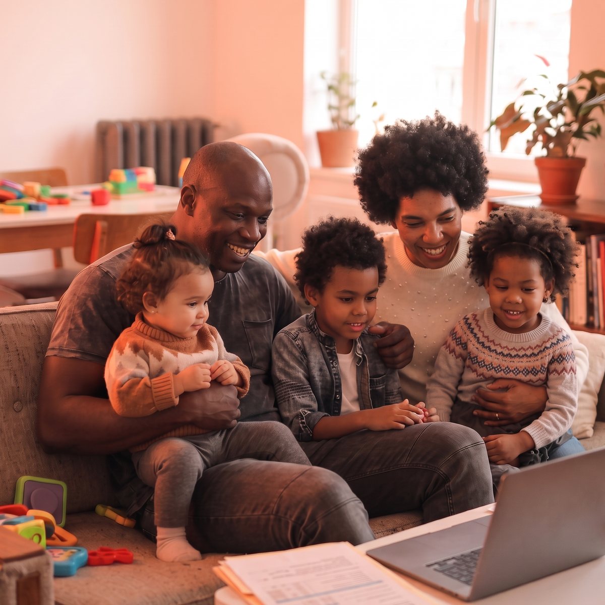 A family on a video call with their tax professional, reviewing their return together